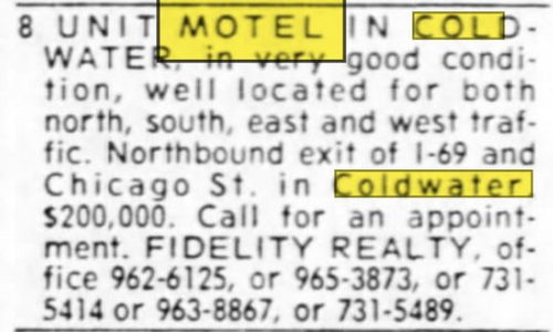 Undetermined Coldwater Motel - Aug 14 1973 Article (newer photo)